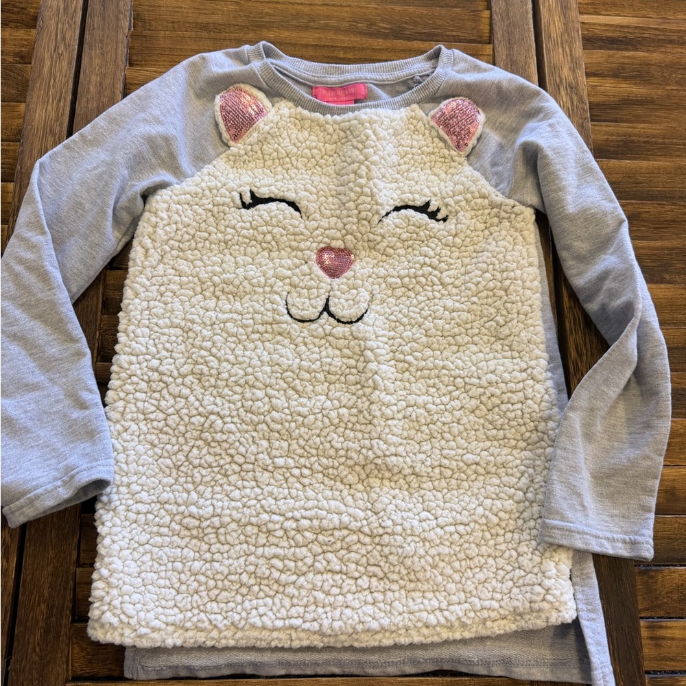 Isaac Mizrahi Gray & Cream Sherpa Cat Face Sweatshirt Pink Sequin Ears Girls L